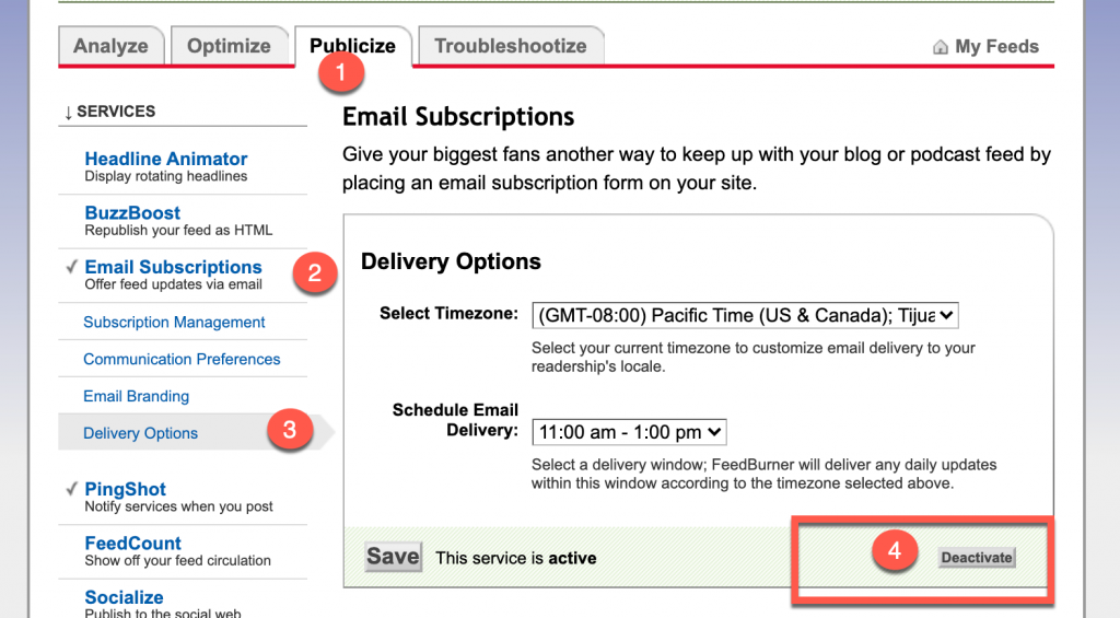 Deactivate email delivery in Feedburner