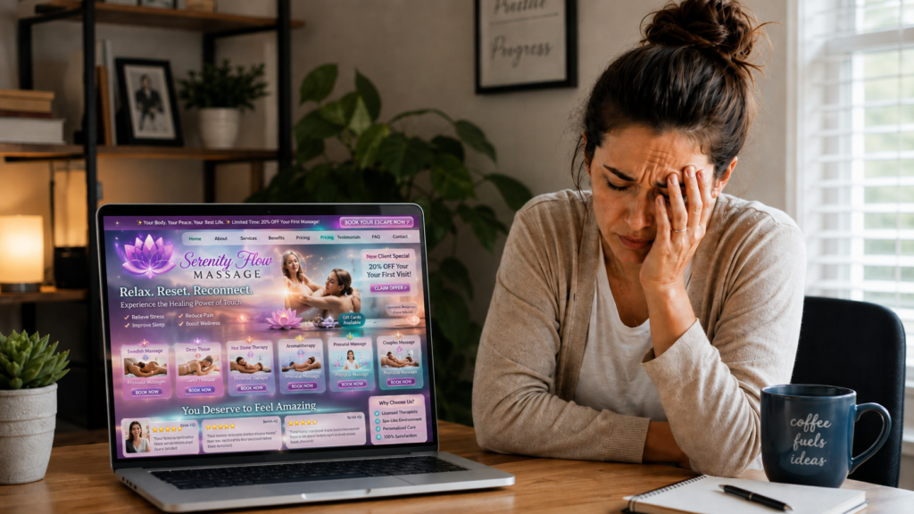 A woman sits at a table with her hand on her forehead, looking stressed. A laptop in front of her displays a colorful massage therapy website.
