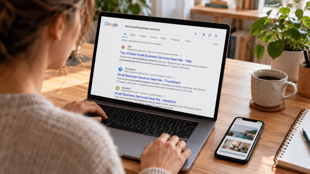 A person typing on a laptop displaying Google search results for “local small business services,” with a smartphone and coffee mug on the desk.